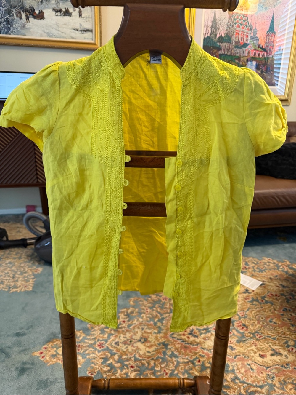 Richard Malcolm Yellow Linen Embroidered Short Sleeve Top Size Small